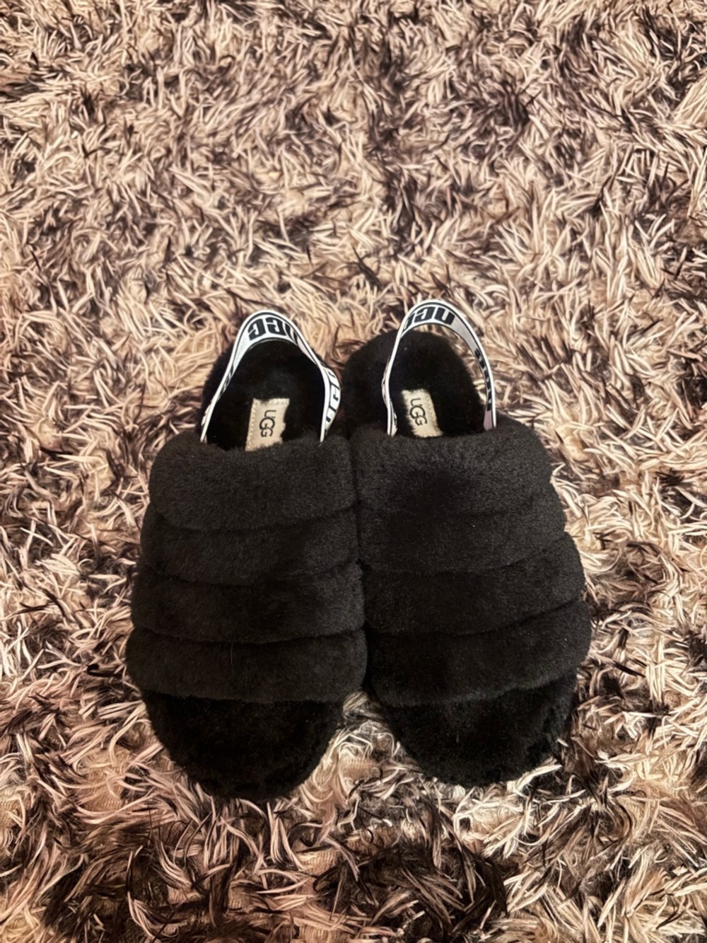 UGG Black Plush Slide Sandals with Logo Heel Strap